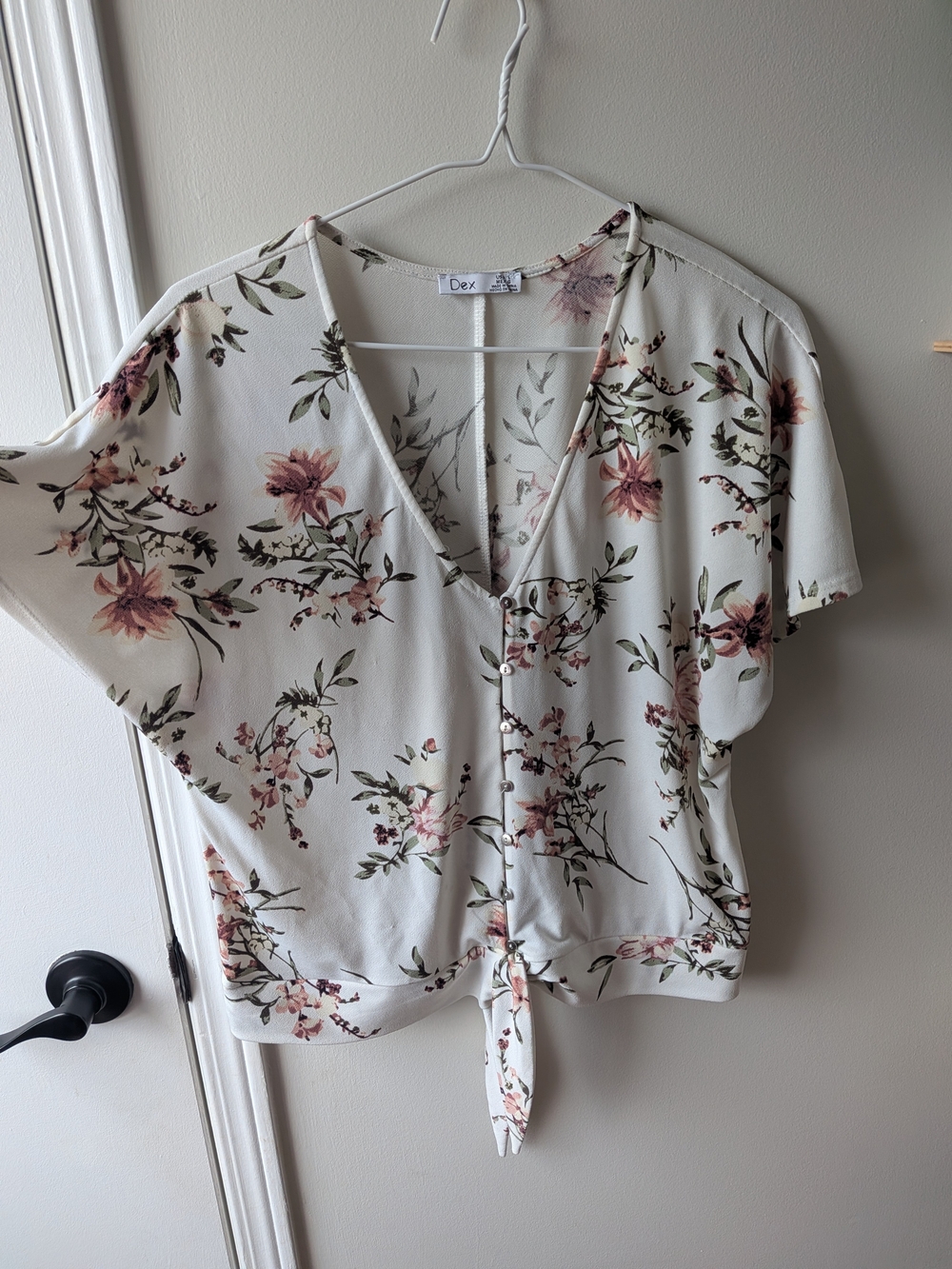 Dex Cream Floral Tie-Front V-Neck Blouse